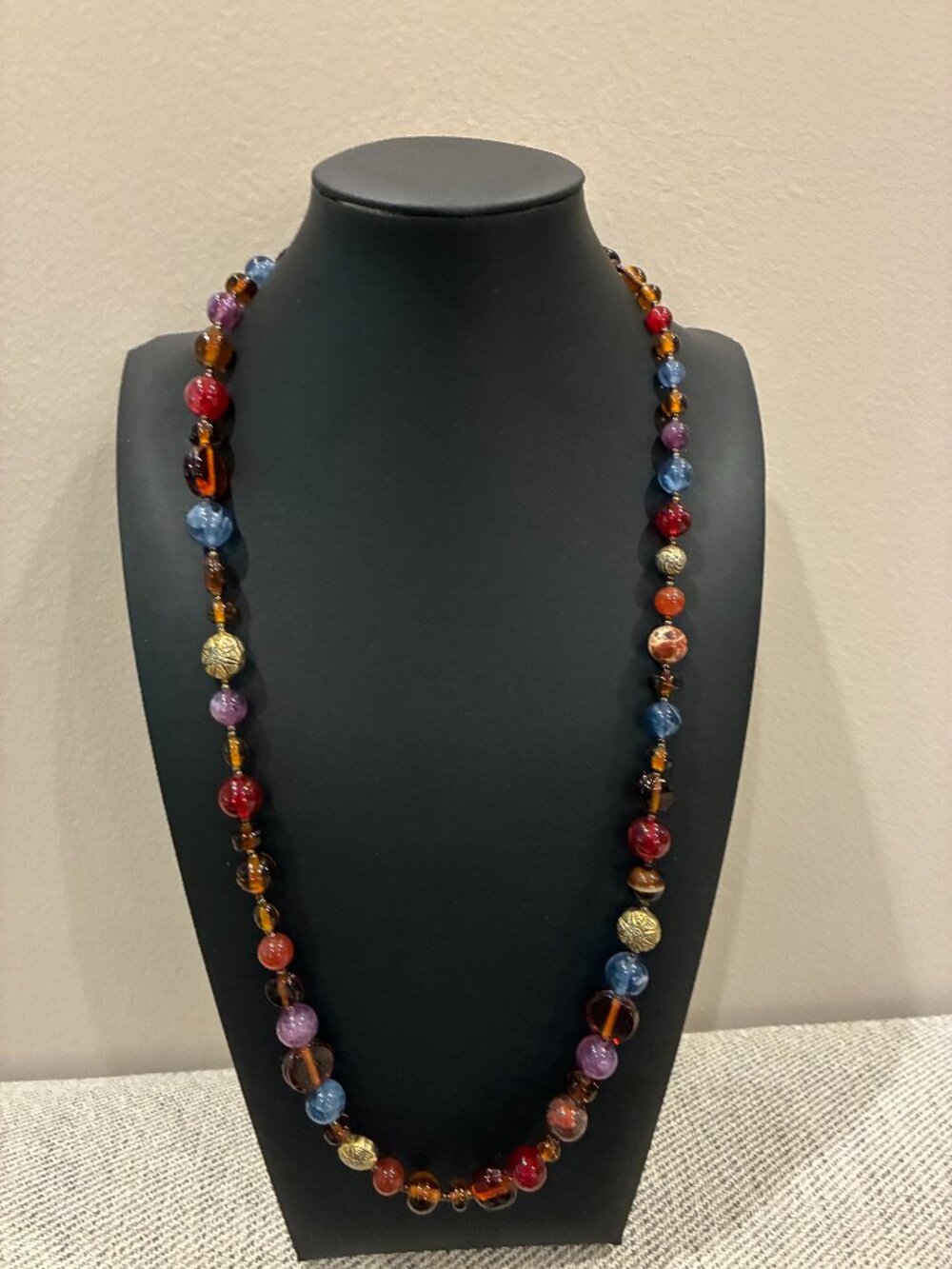 Vintage Boho Multi Color Art Glass Beaded Lariat Necklace Adjustable Slide 35"
